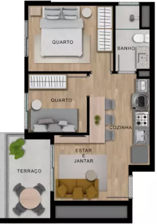 39 Apartamento 39 metros com 2 dorms e terraço