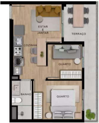 43 Apartamento 43 metros com 2 dorms, terraço e vaga